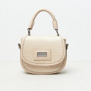 Peserico braided straw-effect fabric and leather handbag